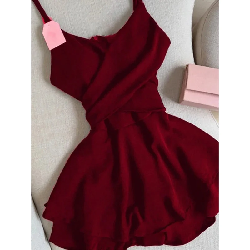 فستان قصير أحمر عتيق للنساء أنيق للحفلات الكشكشة السباغيتي حزام فساتين الصيف السيدات الكورية Bodycon تصميم ألف خط Vestidos