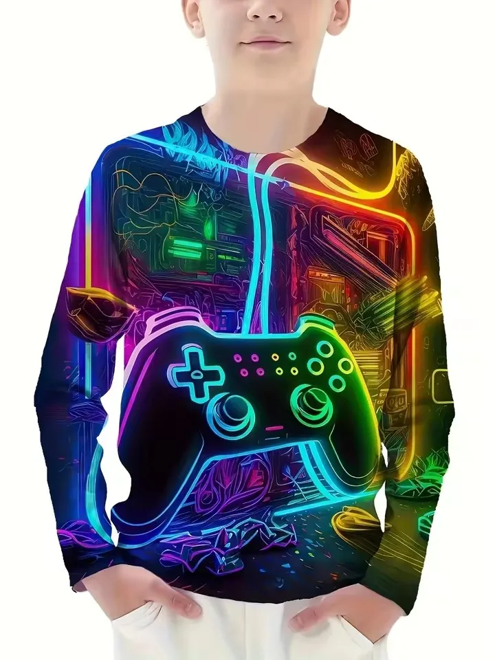 kids t‑shirt,crew neck long sleeve tee,game controller print,fire lightning graphic,brown casual top for boys daily wear