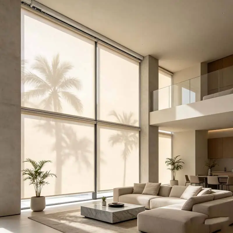 Sunscreen roller blinds. See through while blocking UV. Heat reduction. Breathable weave. Perfect for offices & sunrooms. Custom