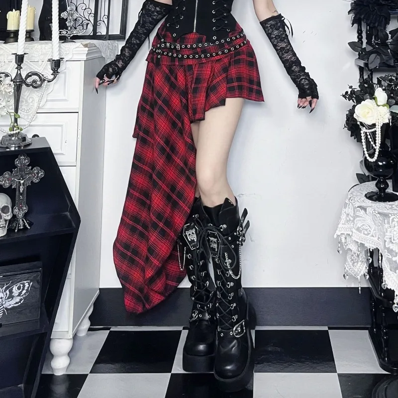 2026 New Vintage Harajuku Gothic Red Plaid Skirt Women's Streetwear Y2k E-girl 90s Cyber Punk Y2K Grunge Irregular Skirts Femme