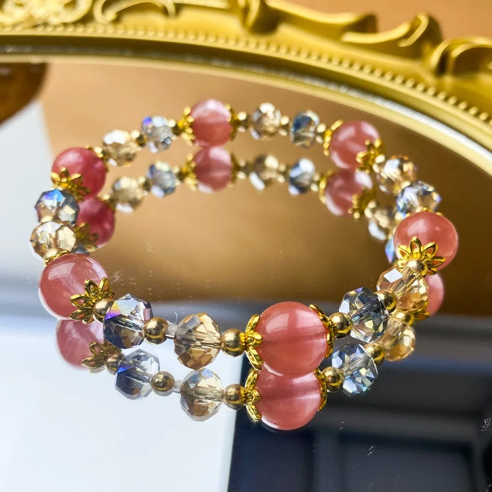 Fashion Natural Strawberry Crystal Bracelets For Women Light Luxury Pink String Beaded Elastic Bangles Party Jewelry Gift
