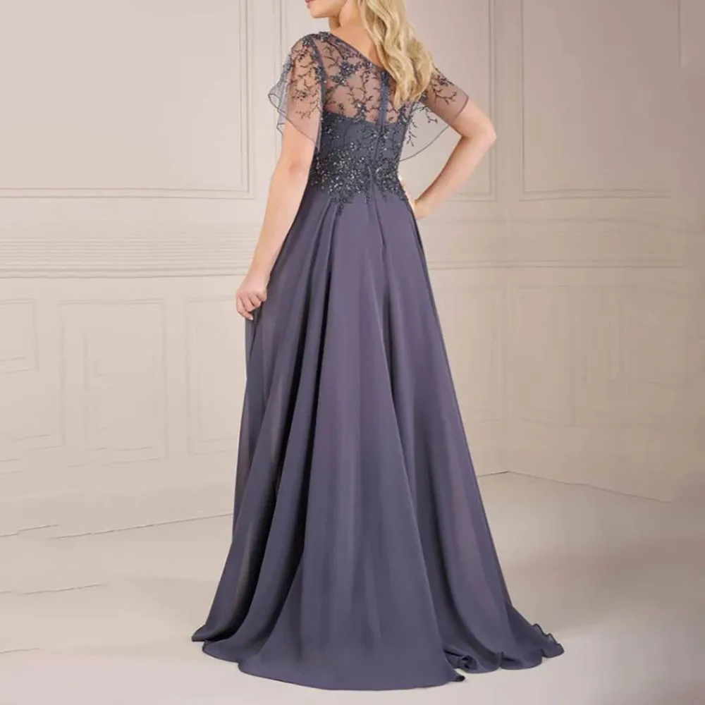 

A-Line Tulle Chiffon V Neck Beaded Illusion Full Back Zipper Closure Sweep Train Mother of the Bride Dresses