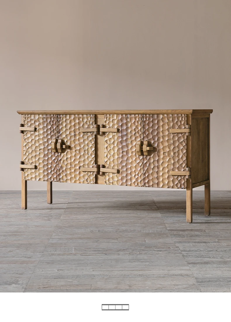 

Customizable wood hewn relief axe pattern four door side cabinet