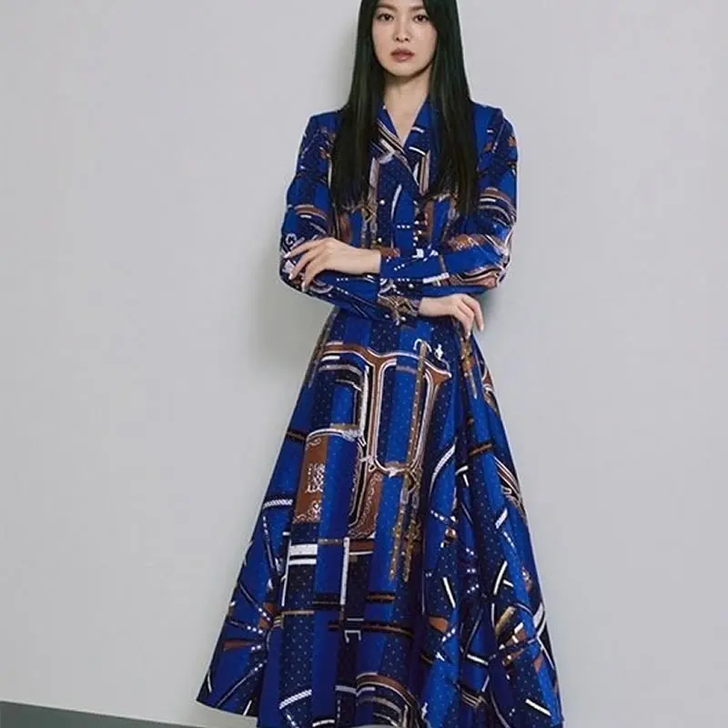 

Fashion Turn-Down Collar Long Sleeve Dresses Luxury Geometric Print Women Dress