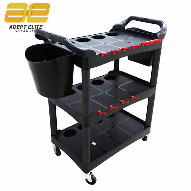 Multi-Purpose Auto Beauty Trolley with Bucket and Blottle Hook, Garage, Car Washing Shop, Three-Story Tool Cart