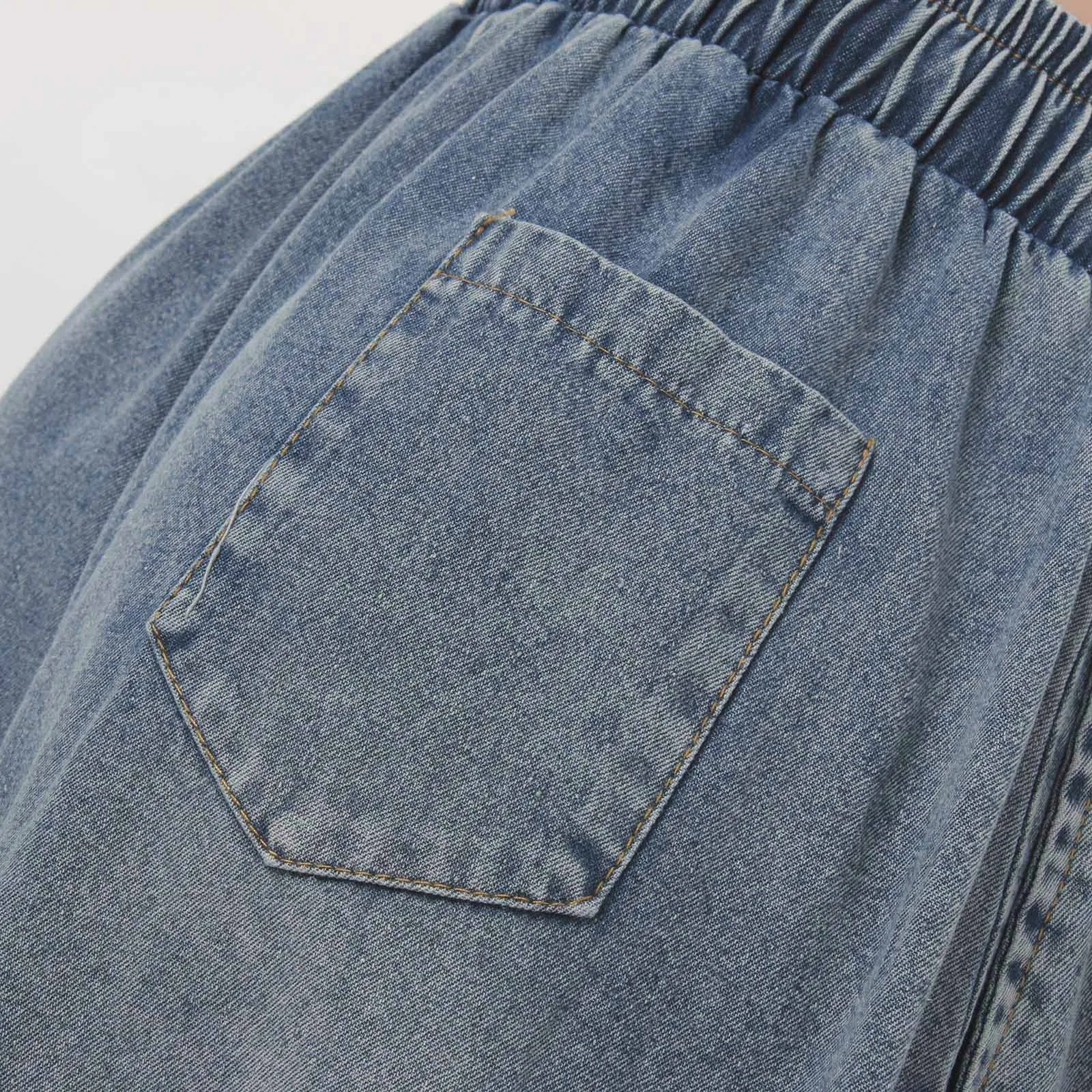 Celana panjang kasual wanita, Jeans antik dicuci Distressed pinggang elastis renda, celana panjang kasual longgar sastra, celana panjang sederhana serbaguna