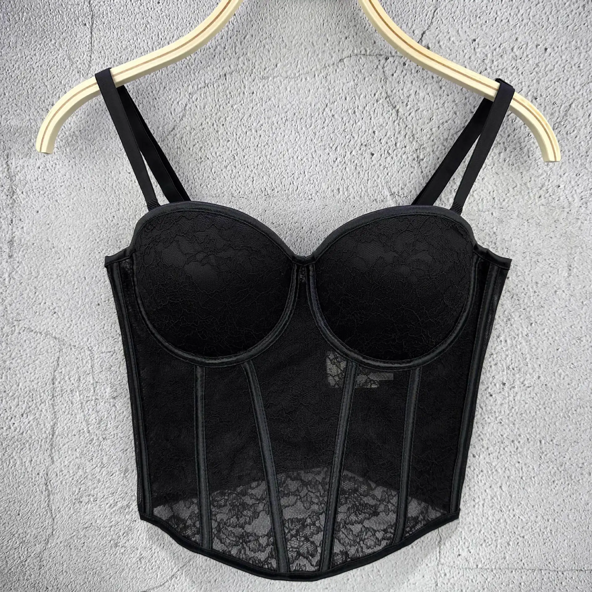 Sexy Mesh Fishbone Lace Sling Vest Niche Design Sense Outer Wear With Chest Pad Steel Bras