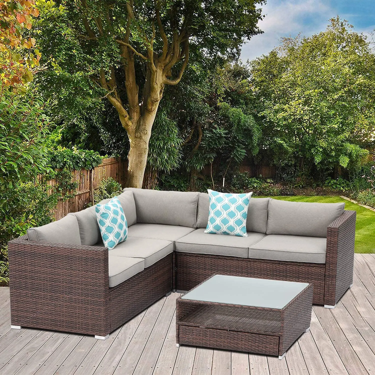 4-Piece Outdoor Sectional Rattan Wood Color Wicker Sofa Patio Furniture Set w 2 Blue White Stripe Pillows, Tempered, Customized