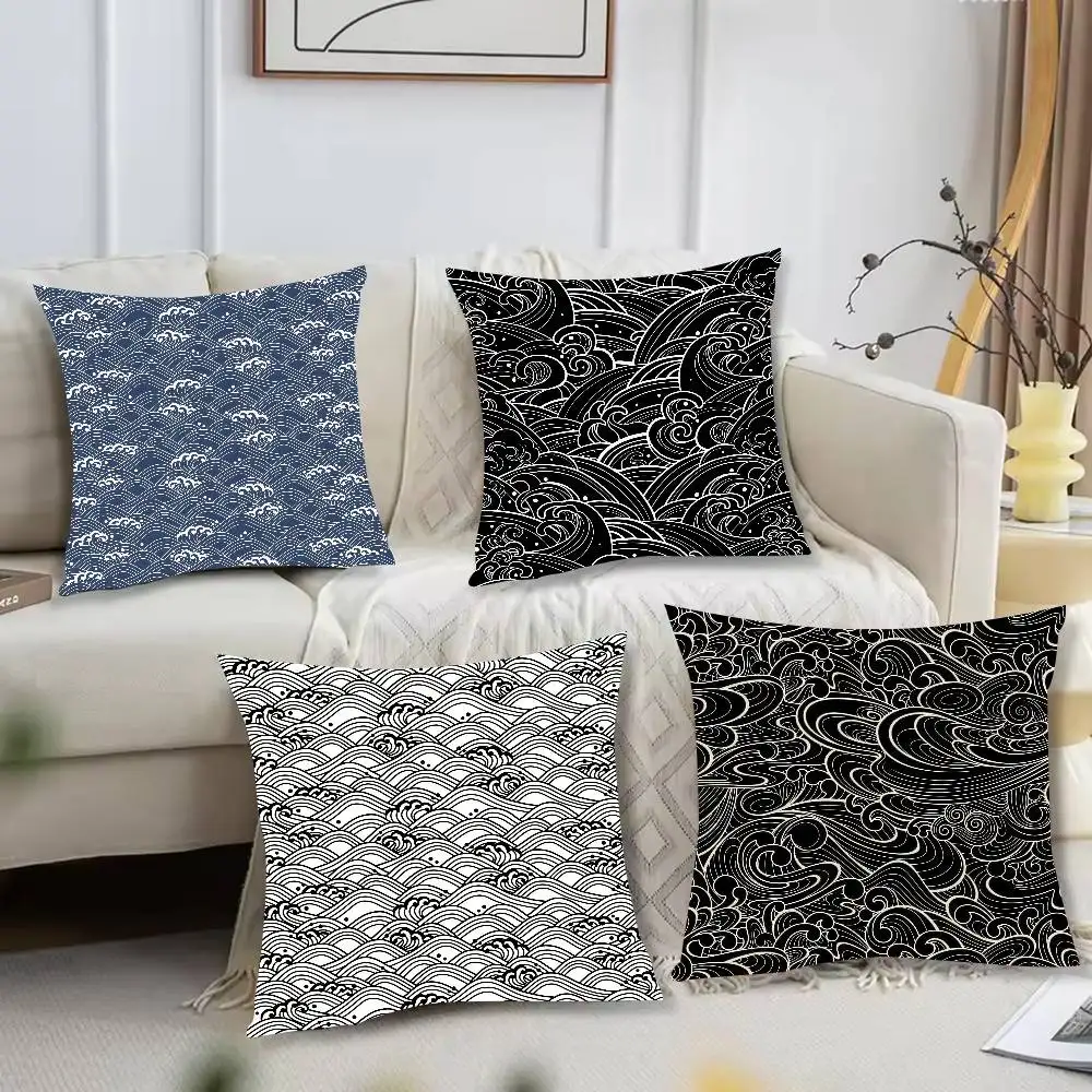 Multi‑Style Ocean Wave Pattern Pillow Cover, Blue Grey Monochrome Sea Water Texture Printed Cushion Case Sofa Bedroom Decor