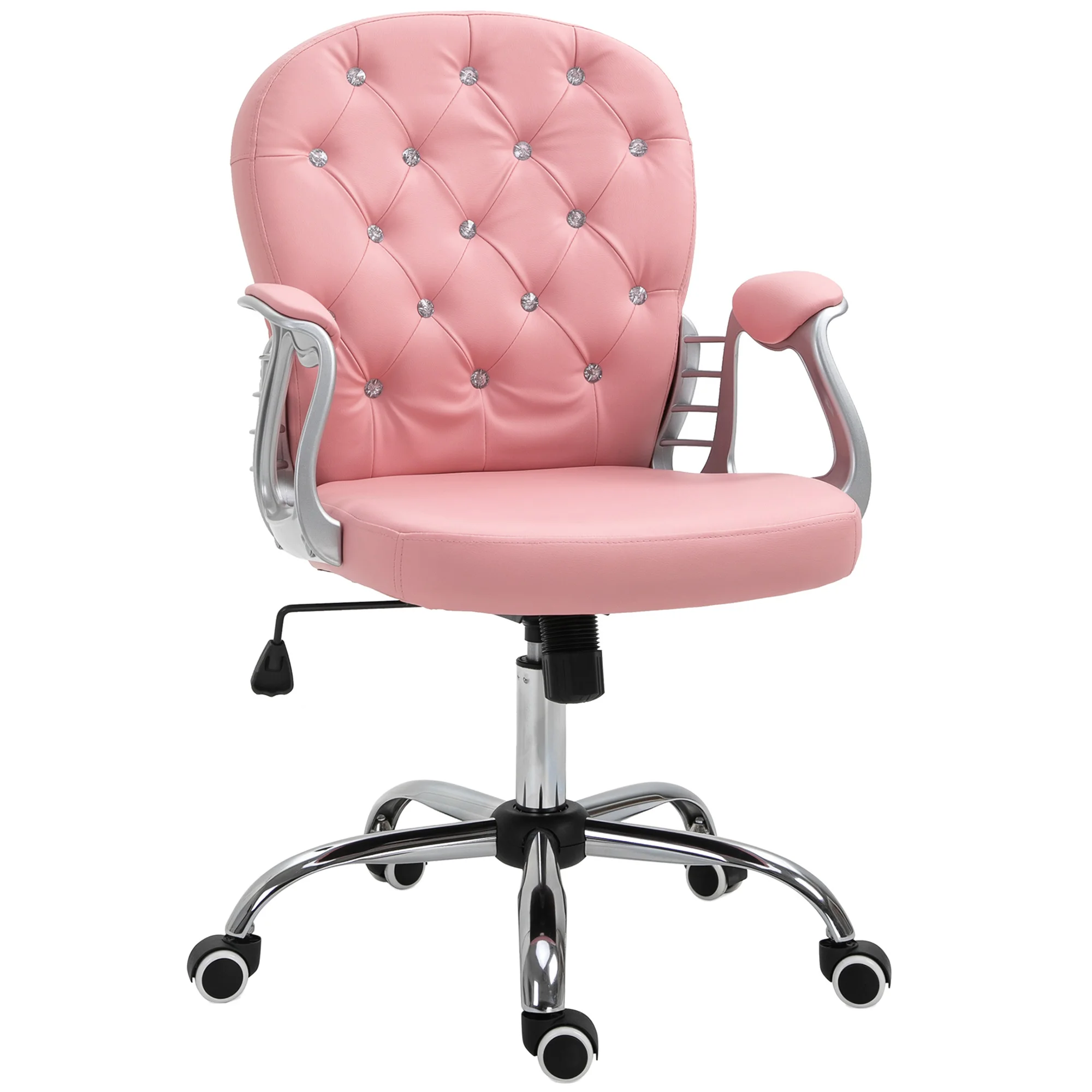 Vinsetto Makeup Vanity Chair, PU Leather Computer Task Chair with Button Tufted, Padded Armrests, Adjustable Height and Swivel Wheels, Pink