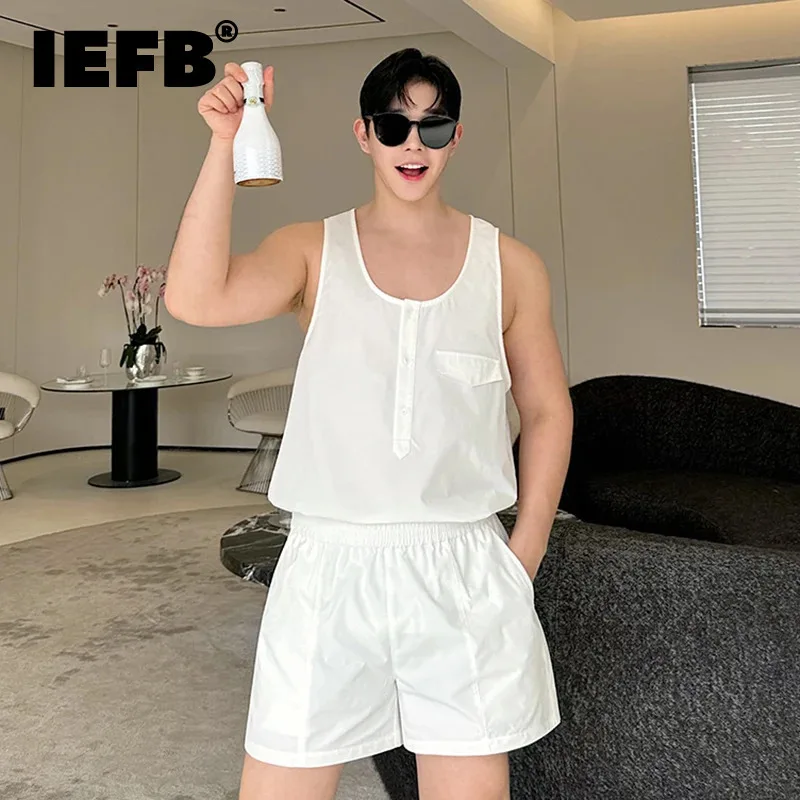 

IEFB Casual Men Set Two-piece Three Dimensional Cut Half Front Vest Elastic Waist Shorts Men's Suit Trendy Summer White 9C5942