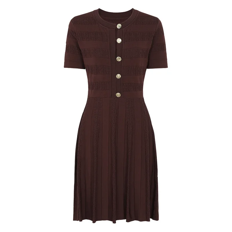 Women Short Sleeve Knit Dress Round Neck Button Decor Hollow Out Texture A‑Line Flared Midi Dress Elegant Office Casual Outfit