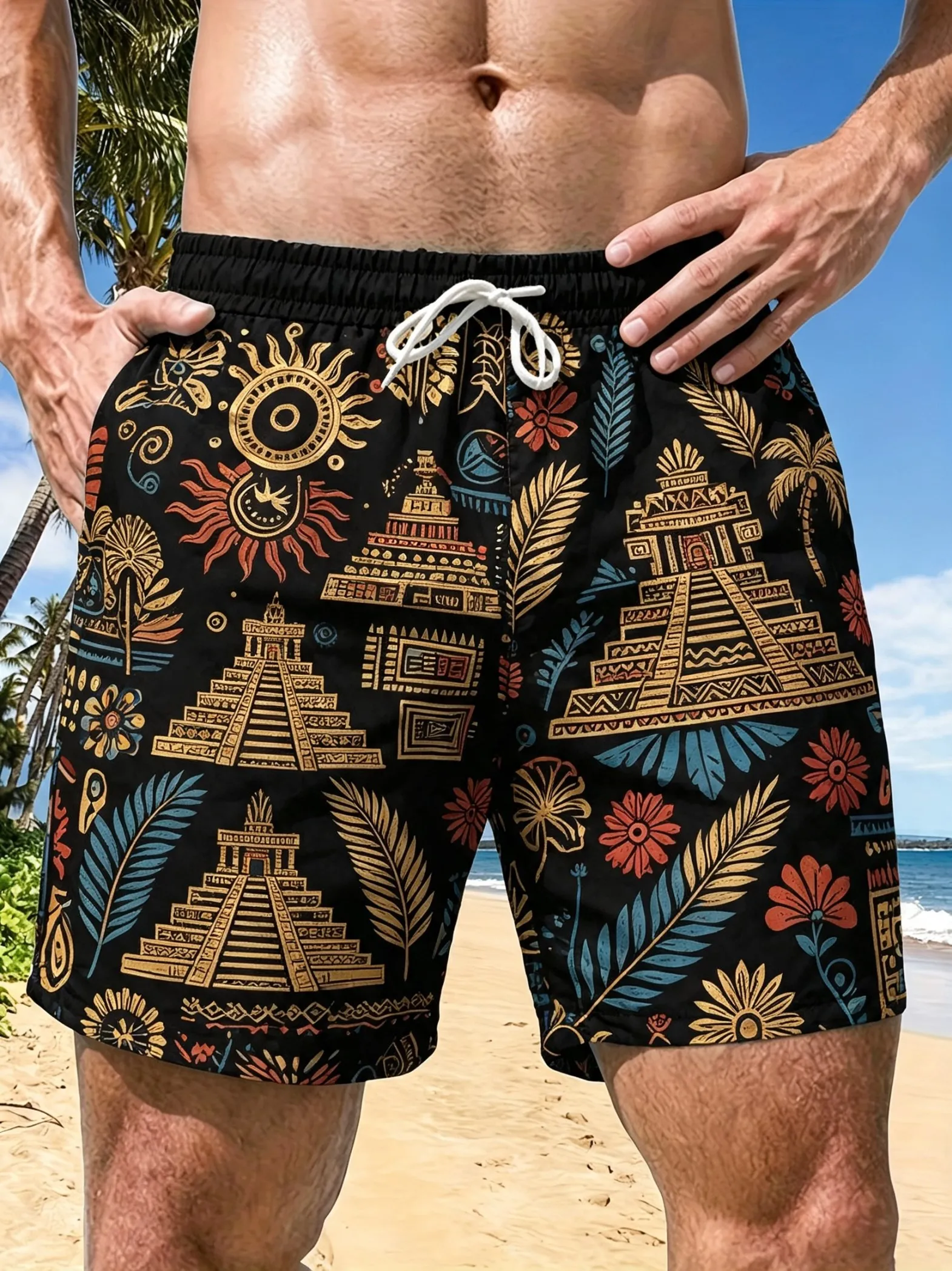 Men's Black Mayan Pyramid Ethnic Print Swim Shorts Elastic Drawstring Pocket Quick Dry Light Summer Beach Surf Casual Trunks