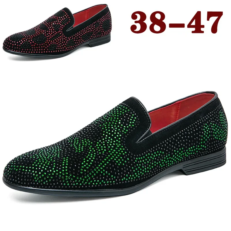 NEW Pointed Toe Embroidery Rhinestone Flat Shoes for Men Leather Casual Shoes Fashion Slip on Men Loafers Luxury Party Moccasins