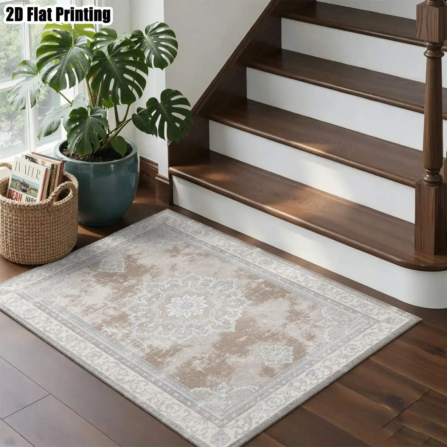 1Pc 2D Printed Beige Brown Retro Floral Carpet: European-Style, Retro/Geometric/Bohemian Design, Multi-Size, Machine Washable, Ideal for Home Decor Spaces Like Living Room, Bedroom, Dining Room, Entryway, Study