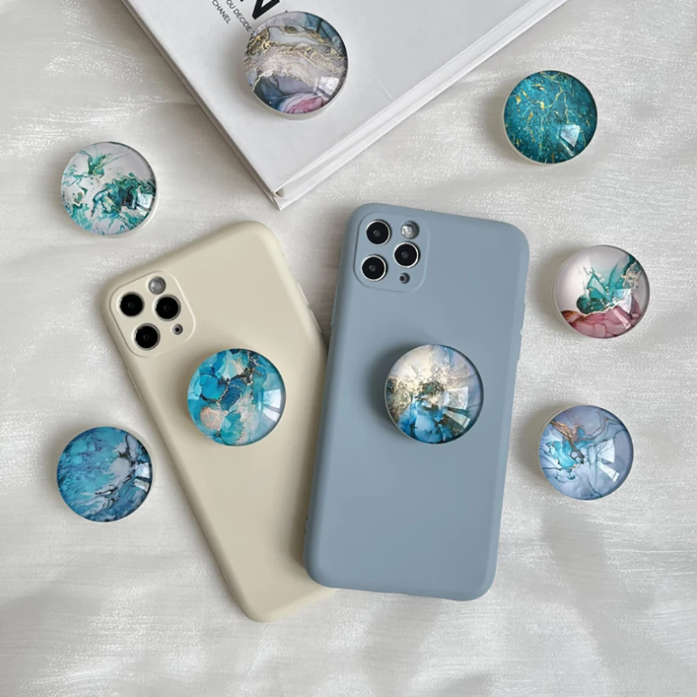 Soporte para teléfono de cristal con patrón de mármol, enchufe plegable para teléfono móvil, empuñaduras de cristal para teléfono