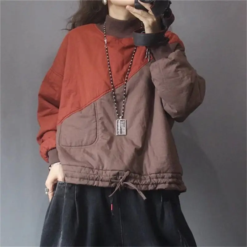 Retro Color Matching Cotton Jacket Half High Collar Sweatshirt For Women 2023 New Popular Autumn Winter Loose Quilted Top Z3329