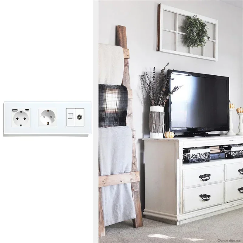 Tomada de parede com USB Tipo C Interruptor e Tomada com TV Internet CAT6 interface EU Padrão branco Crystal Glass Light Switch