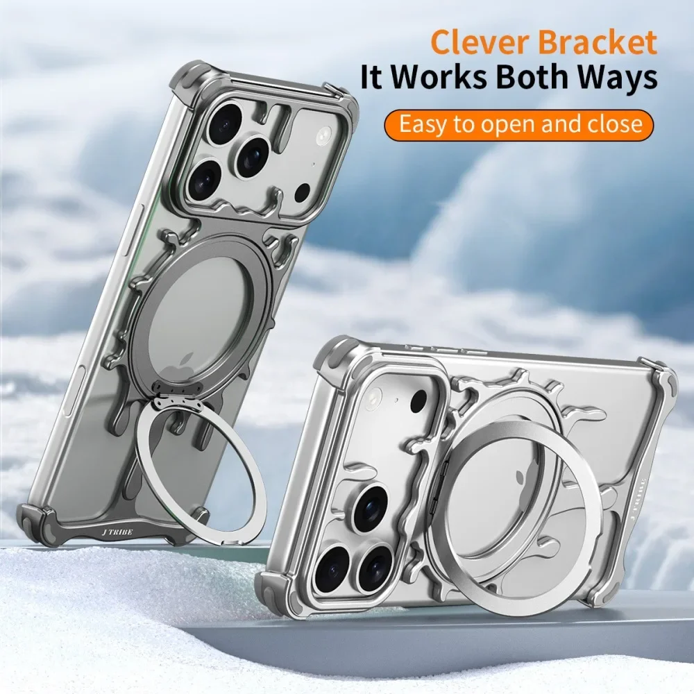 

Frameless Metal Rotating Bracket Phone Case for iPhone 17 16 15 14 Pro Max with Support Magnetic Charging