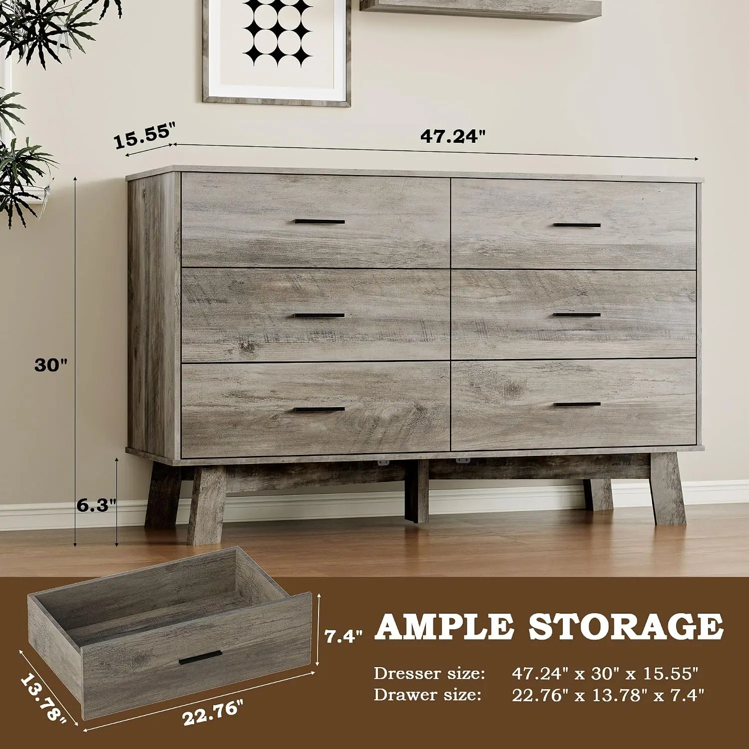 Modern 6-Drawer Dresser with Metal Handles, X-Base & Adjustable Leg, Anti-Tip Bedroom Storage, 47.2