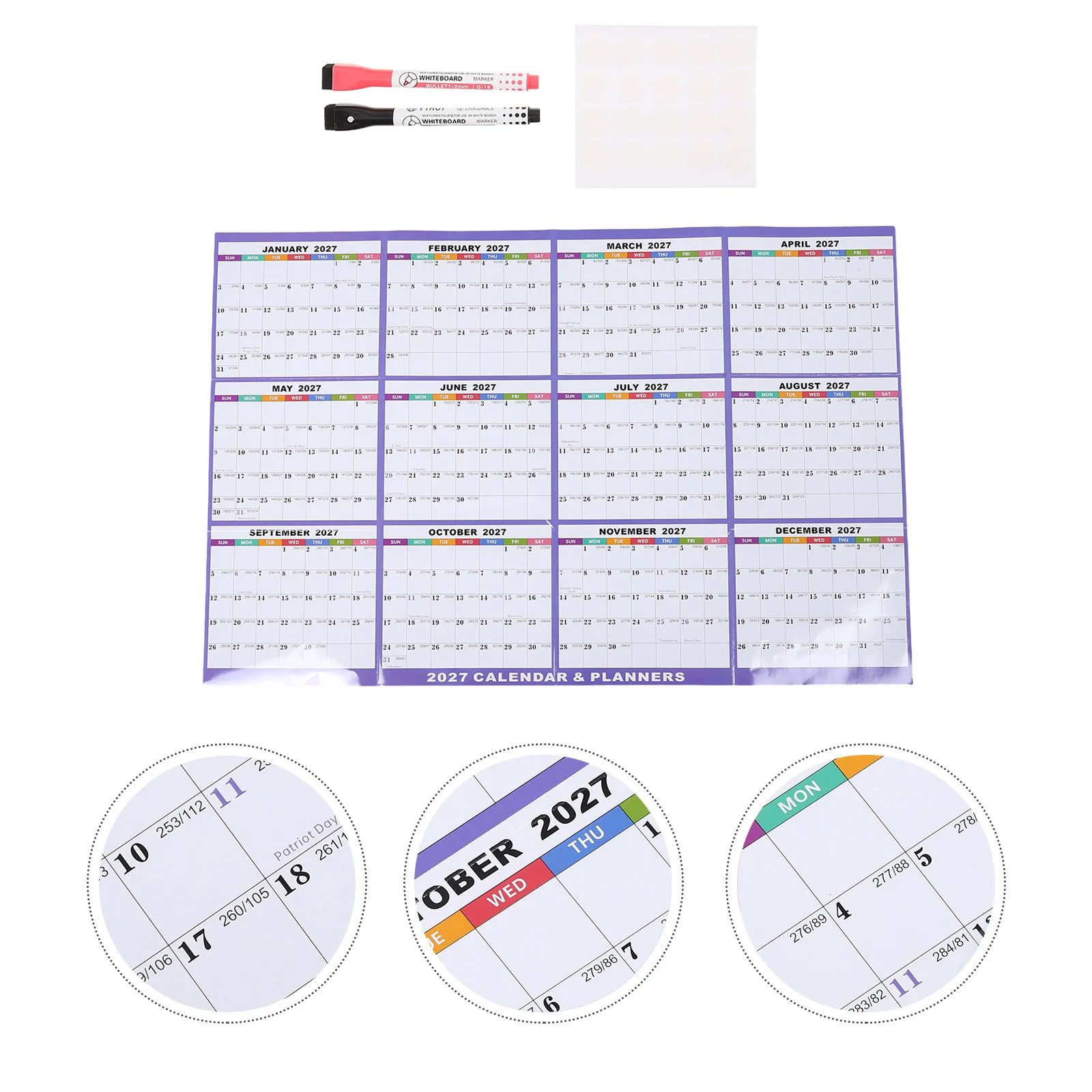 1Set 2027 Dry Erase Wall Calendar Extra Large Laminated 35x23 Inches Double Side Reversible Yearly Planner with Whiteboard Pen