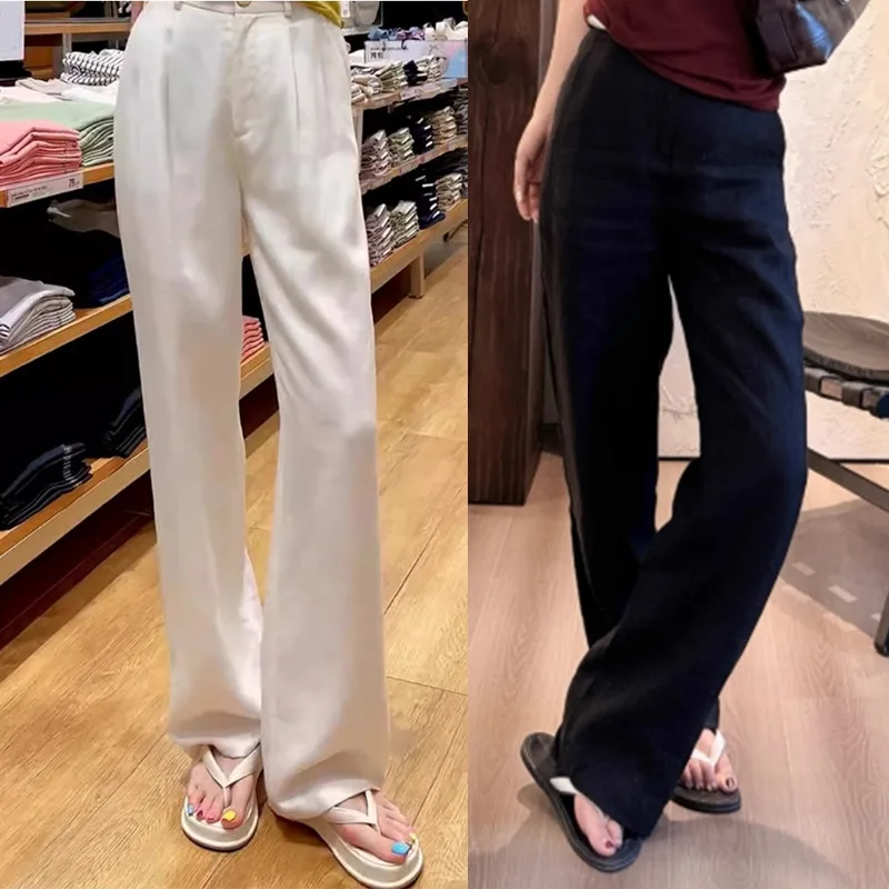 Withered Wide Leg Pants With Semi Elastic Simple And Casual Drape Lightweight Straight Leg Pants For Summer Woman Clothes