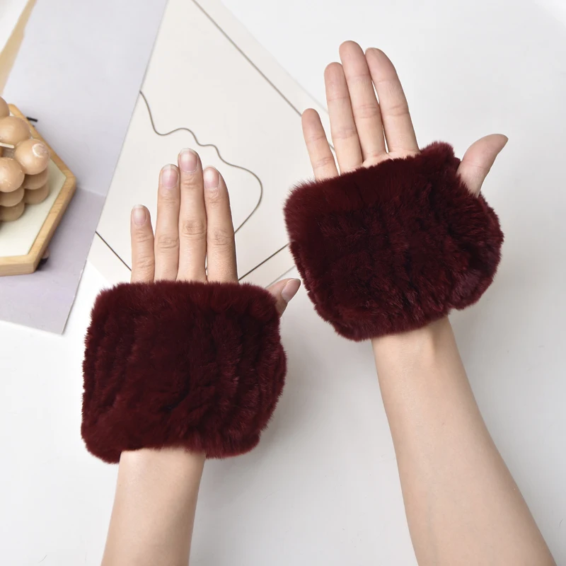 Women's Natural Rex Rabbit Fur Gloves Elastic Knitted Real Fur Mittens Winter Warm Wrist Guards with Exposed Fingers