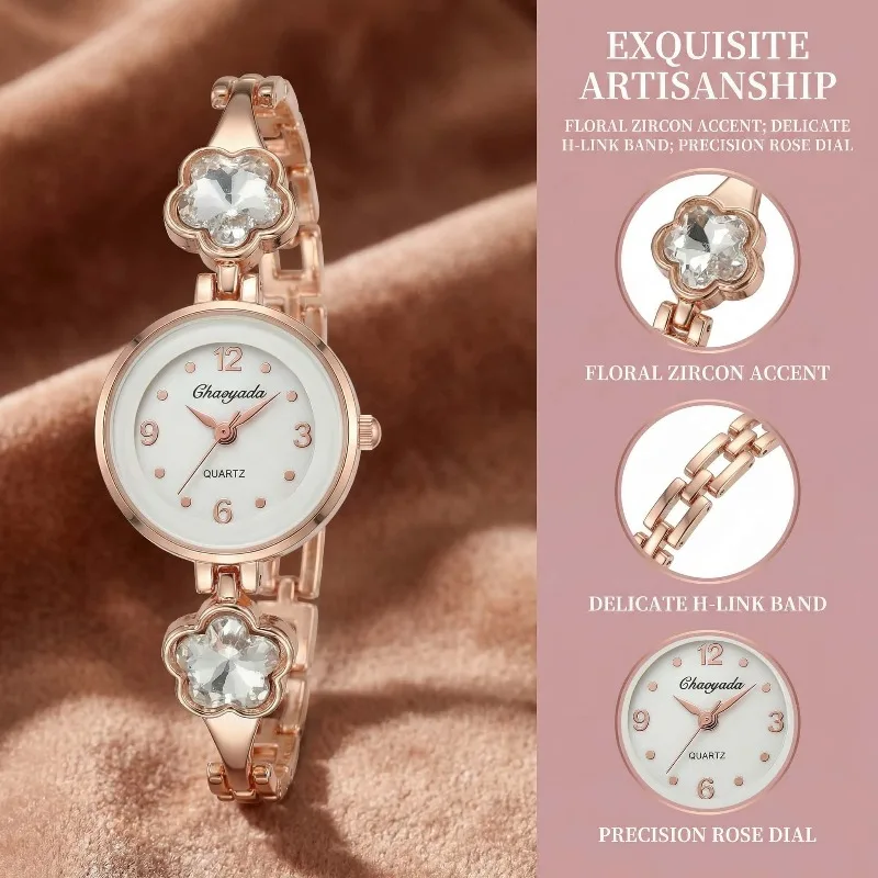 Elegant Rose Gold Women Watch Luxury Round Dial Flower Rhinestone Metal Bracelet Watch Fashion Dress Ladies Quartz Wristwatch