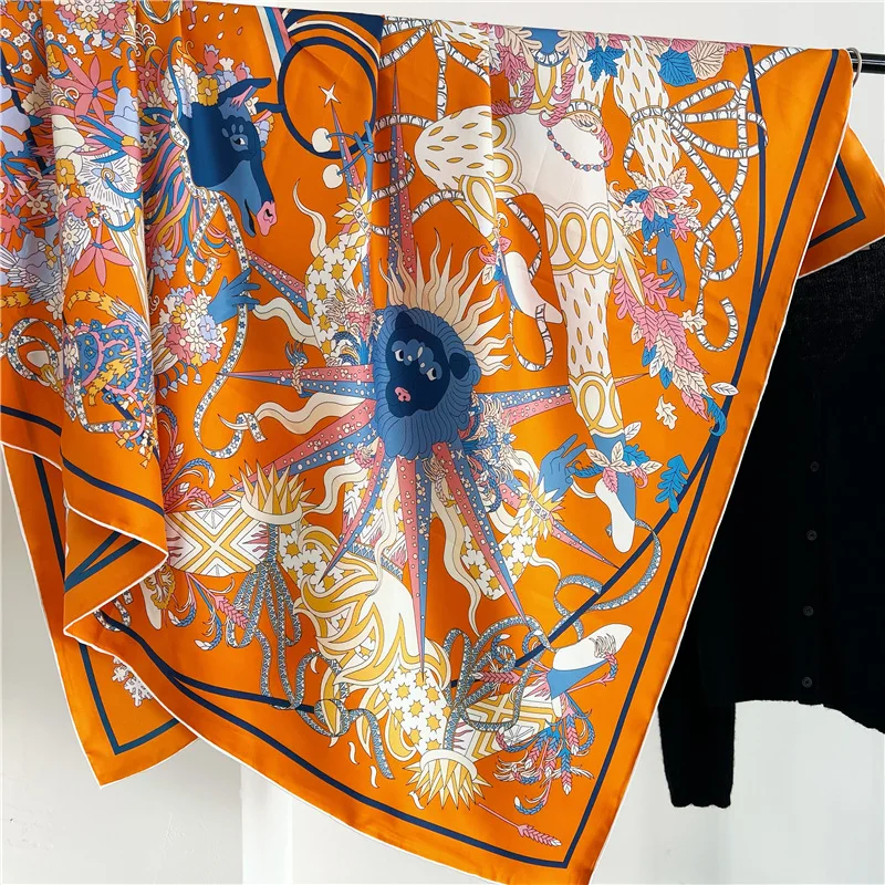 Orange Mulberry Silk Scarf Luxury Designer Large Shawls Stole Hand Rolled Edges Mother Lover Gift Summer Scarves 135CM