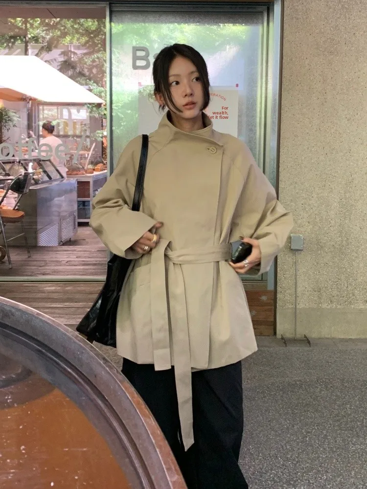 

2026 Spring Autumn Commuter Sle Women's Long Casual Coat Waist Cinched Stand Collar Belted Windbreaker Versatile Outerwear