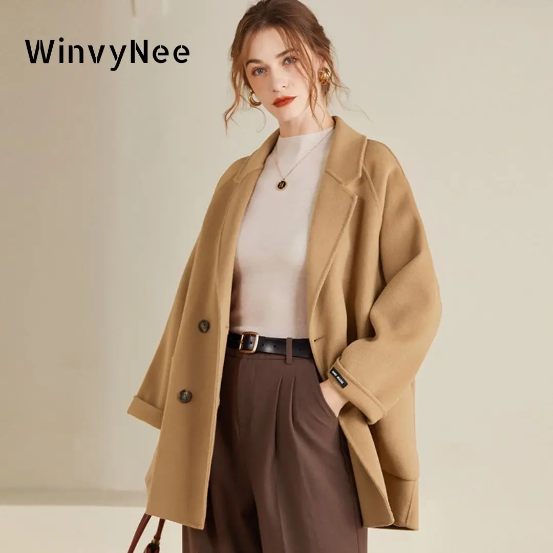 WinvyNee Women\'s Woolen Coats Loose Casual Double Breasted Retro Double-sided Jacket Office Outerwear Autumn Winter  H1343012