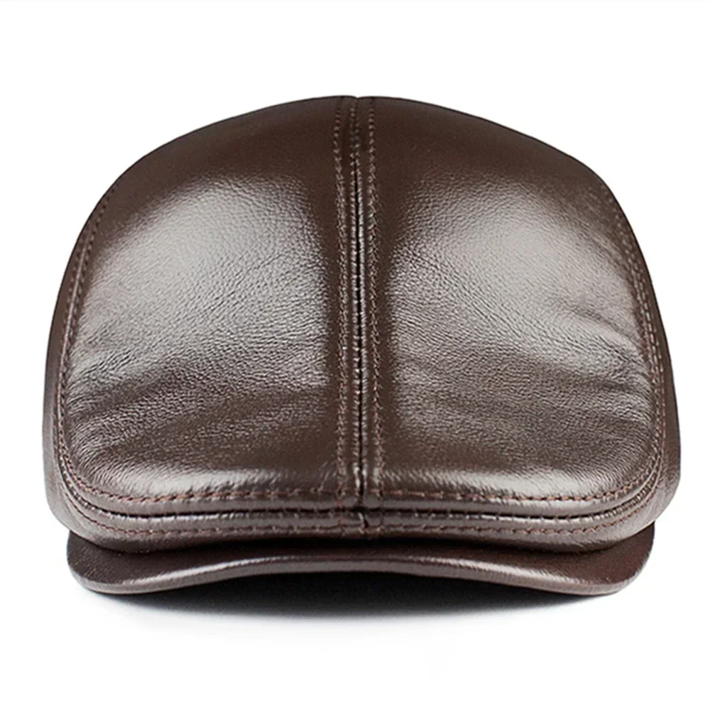 FLAT CAP Men's Leather Cap Winter Hat Cowskin Mens Beret Real Leather Newsboy Cap Brown Earflaps Warm Driver Ivy Hat Brown Black