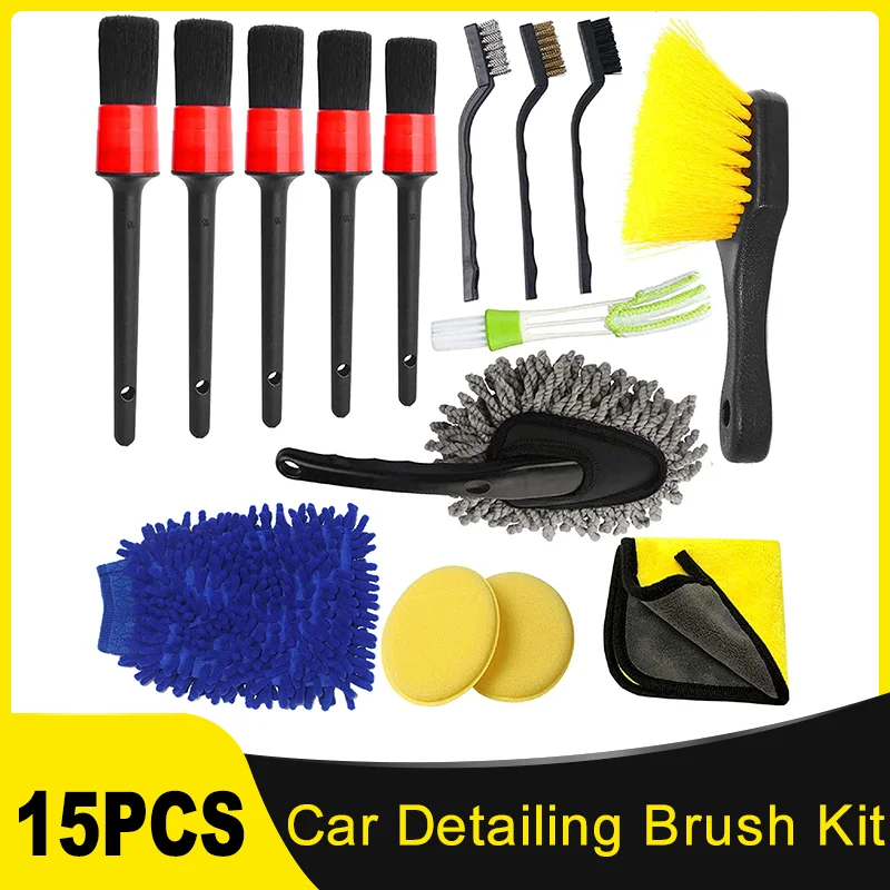 

15 Pcs Car Detailing Brush Kit with Cleaning Mitts Microfiber Towels and Wax Sponge for Cleaning Wheels Interior Exterior