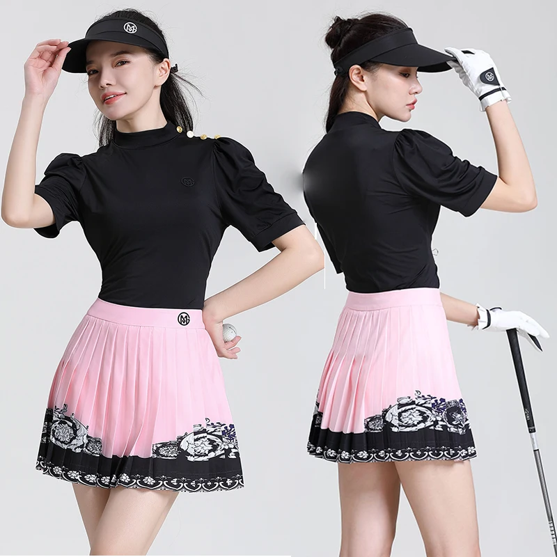 

MG Summer New Women's Golf Top Puff Short Sleeve Stand-up Collar T-shirt Ladies High Waist Tutu Lace Skirt Pleated Golf Skorts