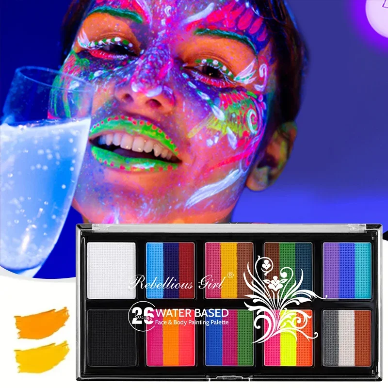 Paleta de maquillaje facial de 26 colores, pintura de cuerpo humano Soluble en agua nacarada, 30g, pintura luminosa para Halloween, fiesta de Cosplay