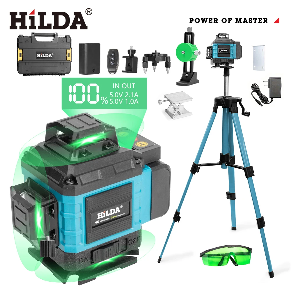 4D 16 Lines Laser Level 360 Self Leveling Horizontal Vertical Green Light Professional  Tool with Remote Control  Tripod