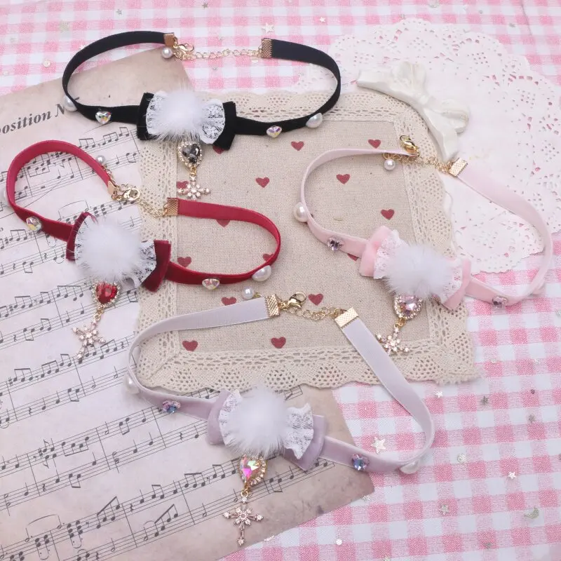 Japanese DIY Handmade Sweet and Cute Lolita Hairball Bow Rhinestone Cross Rhinestone Pendant Velvet Necklace Collar Girl