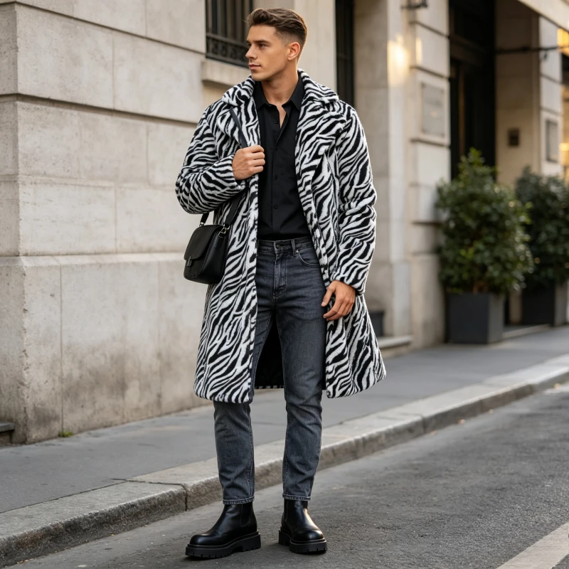 Men Faux Fur Jacket Coat Zebra-stripe Winter Fluffy Long Sleeve Warm Shaggy Outerwear Bontjas Jackets Men Luxury Fur Long Jacket