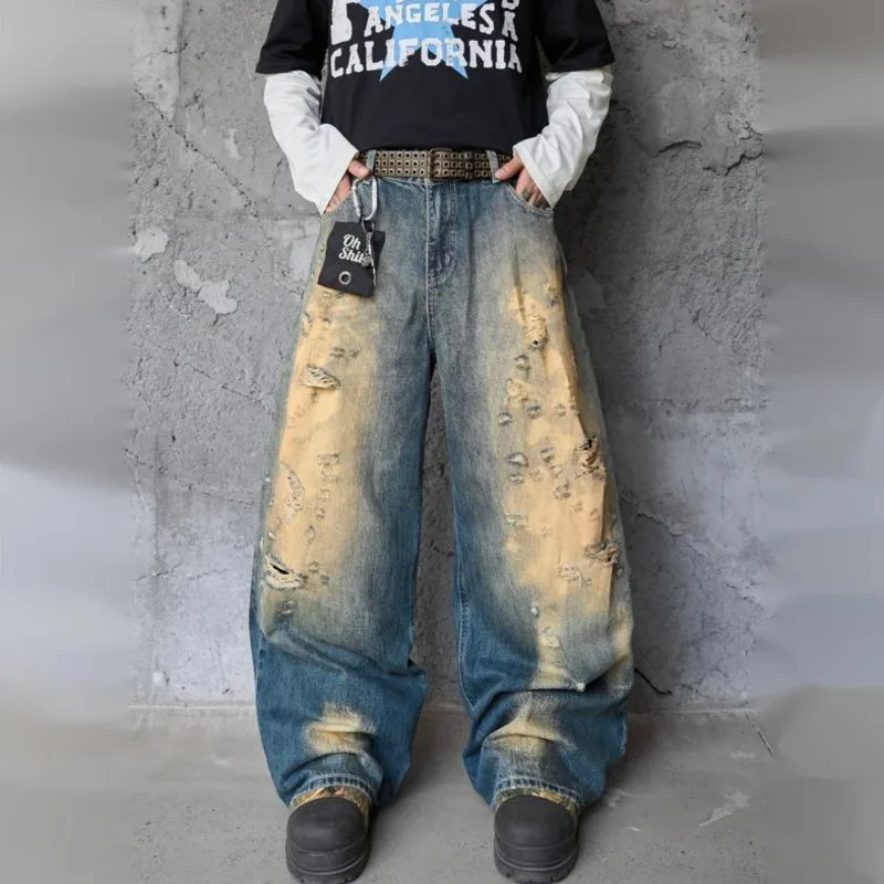 HKSH Spring Autumn New Man Tide American Retro Mud-Dyed Trendy Jeans Niche Chic Casual Straight Wide-Leg Denim Pants Ins HK19279