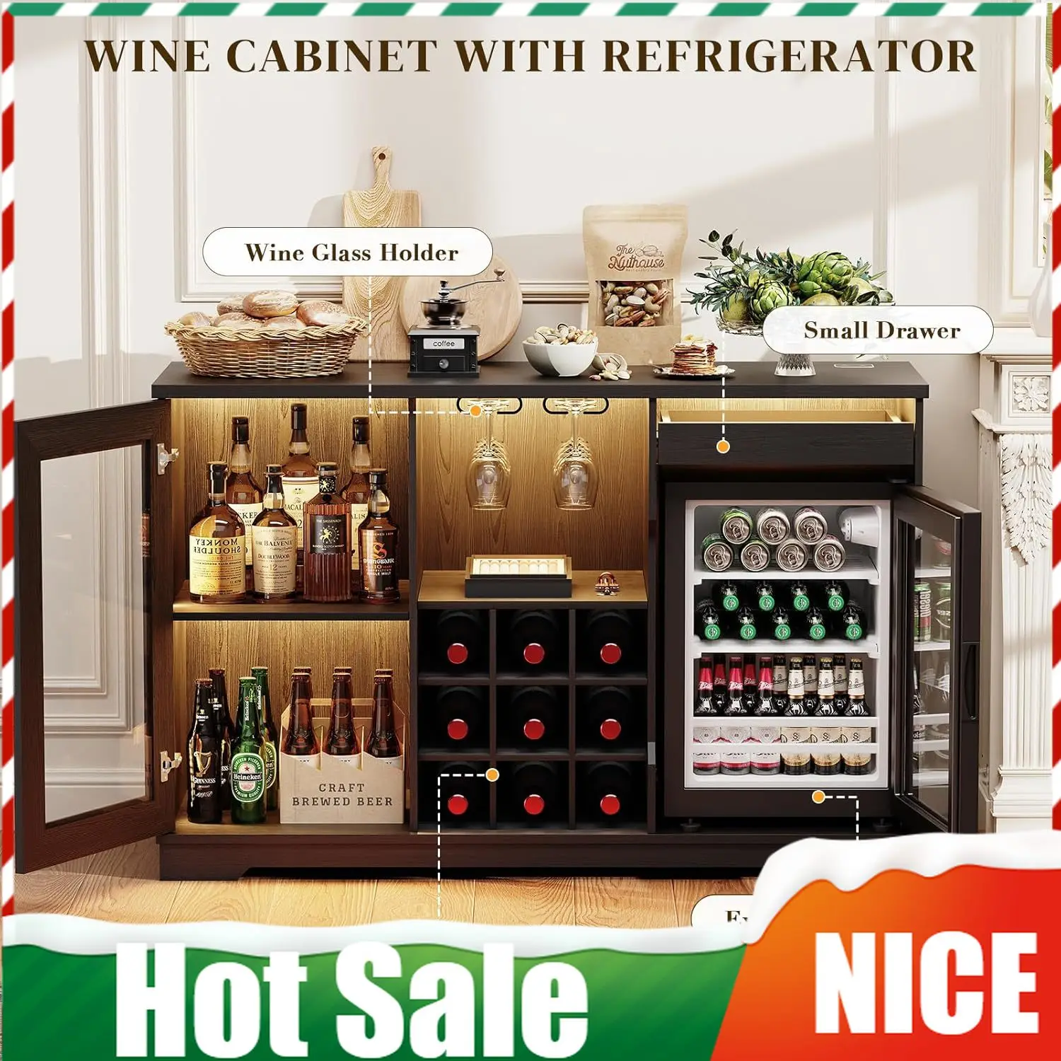 Reliable Product Wine Bar Cabinet With Fridge (Included), Liquor Coffee Cabinet With LED Lights & Rack, Mini Fridge Cabinet With