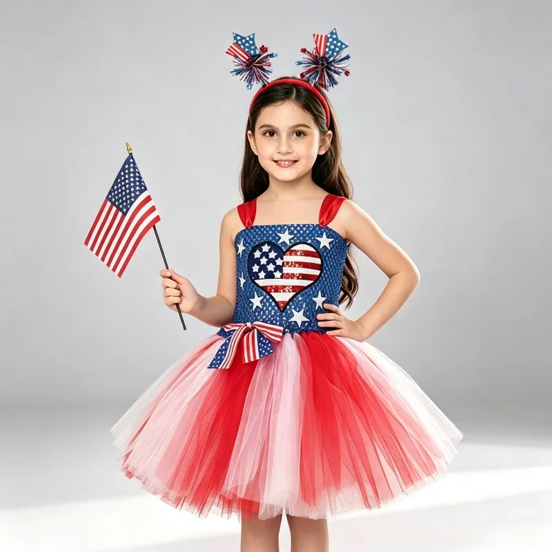 Kids American Flag Tutu Dress Patriotic Tulle Outfit for 4th of July Independence Day Parade & Carnival Party Celebrations