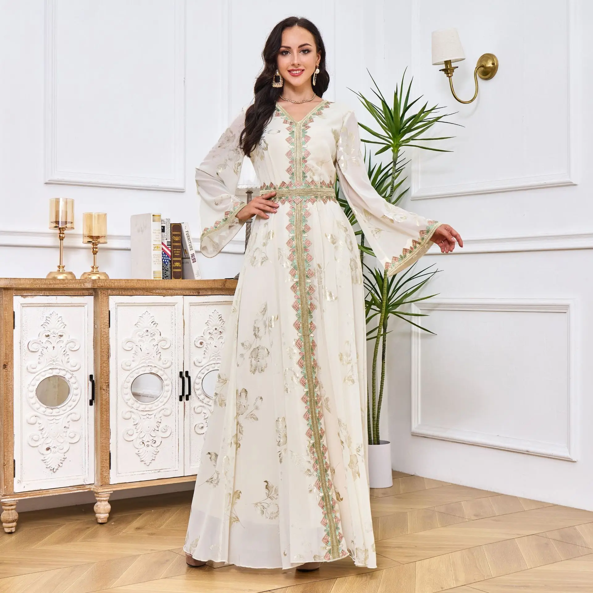 Robe musulmane blanche estampillée à chaud, robe de soirée, mode