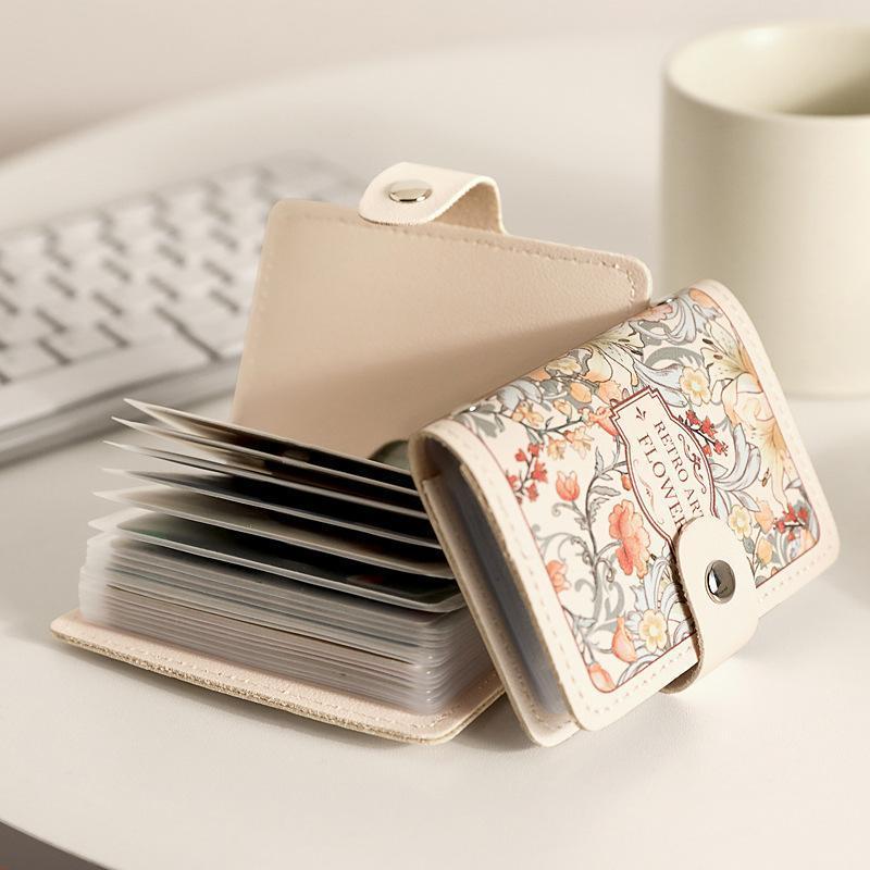  Vintage Floral PU Leather Card Holder Snap Closure Multiple Slots Thin Pocket Wallet for Casual Shopping Use 