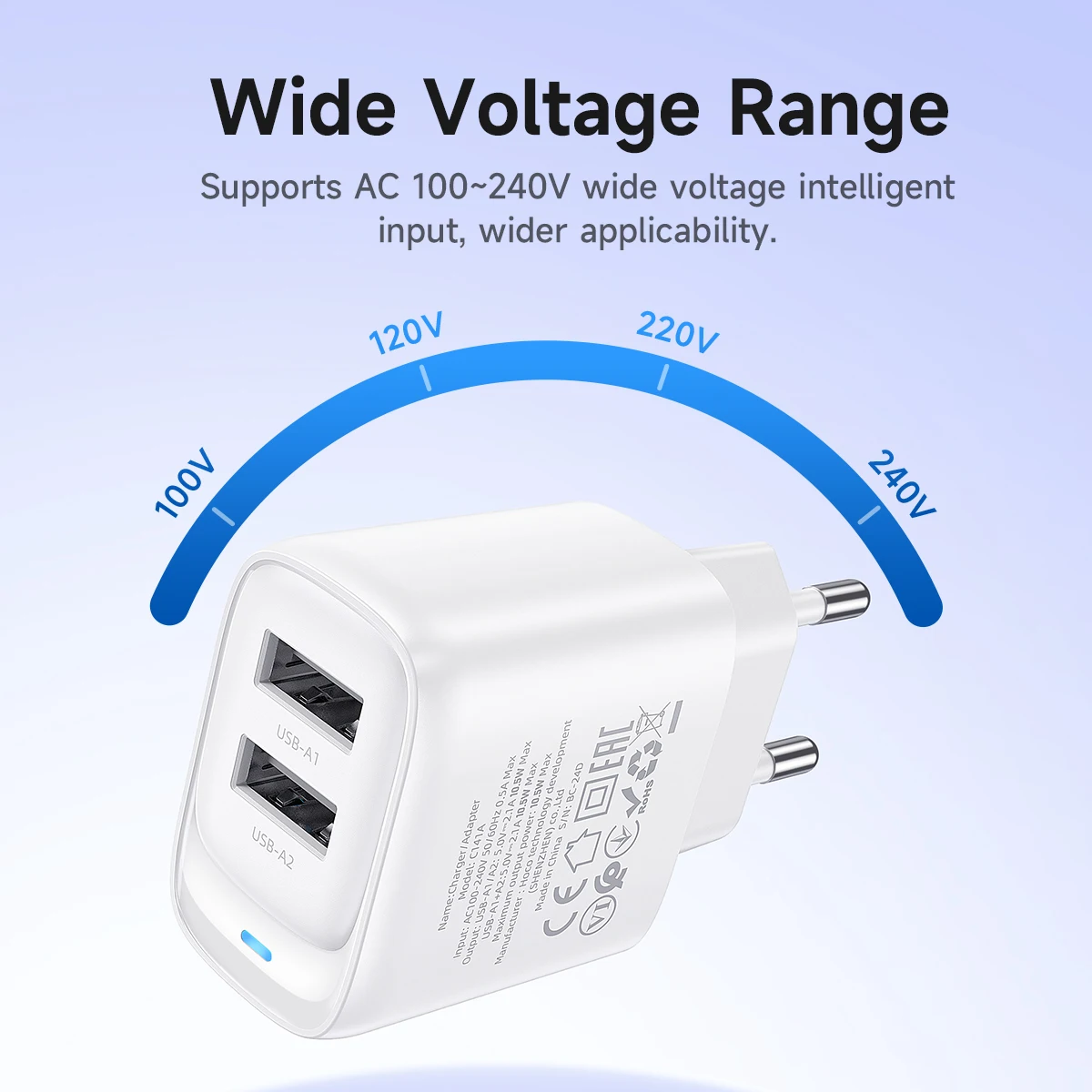 HOCO المزدوج USB A محول شحن الهاتف لسامسونج A51 A71 الاتحاد الأوروبي التوصيل الجدار شاحن السفر مع ضوء مؤشر LED للساعة الذكية #6