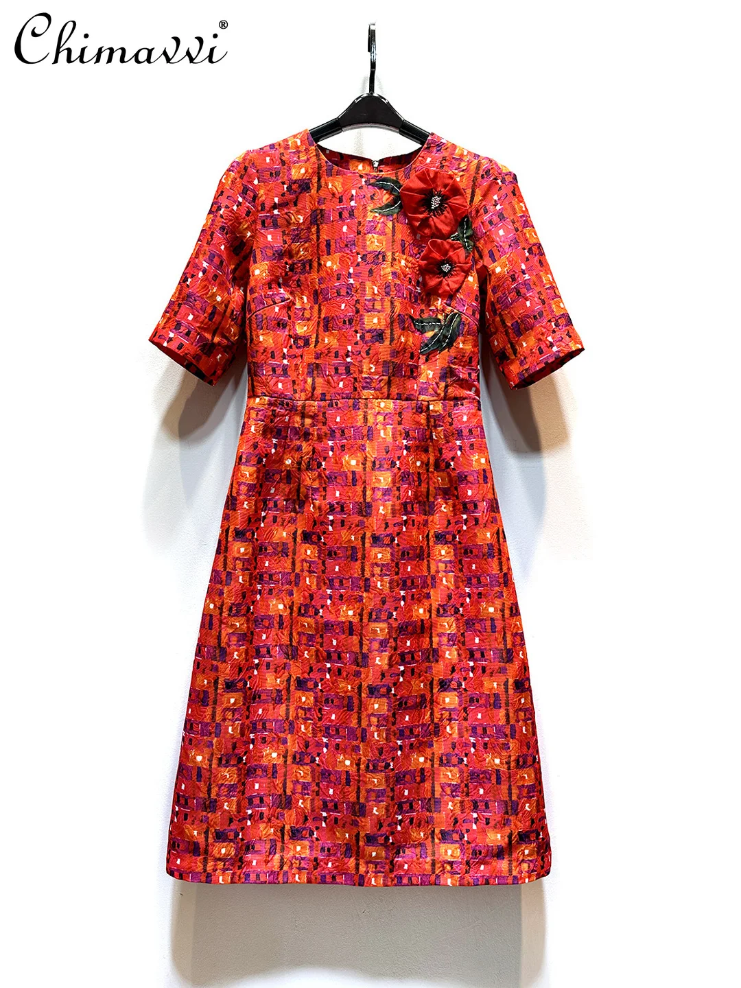 

French Retro Plaid Printing Handmade 3D Flower Short-sleeved Dress Summer New Fashion Round Neck Slim-fit Mid-length Dresses