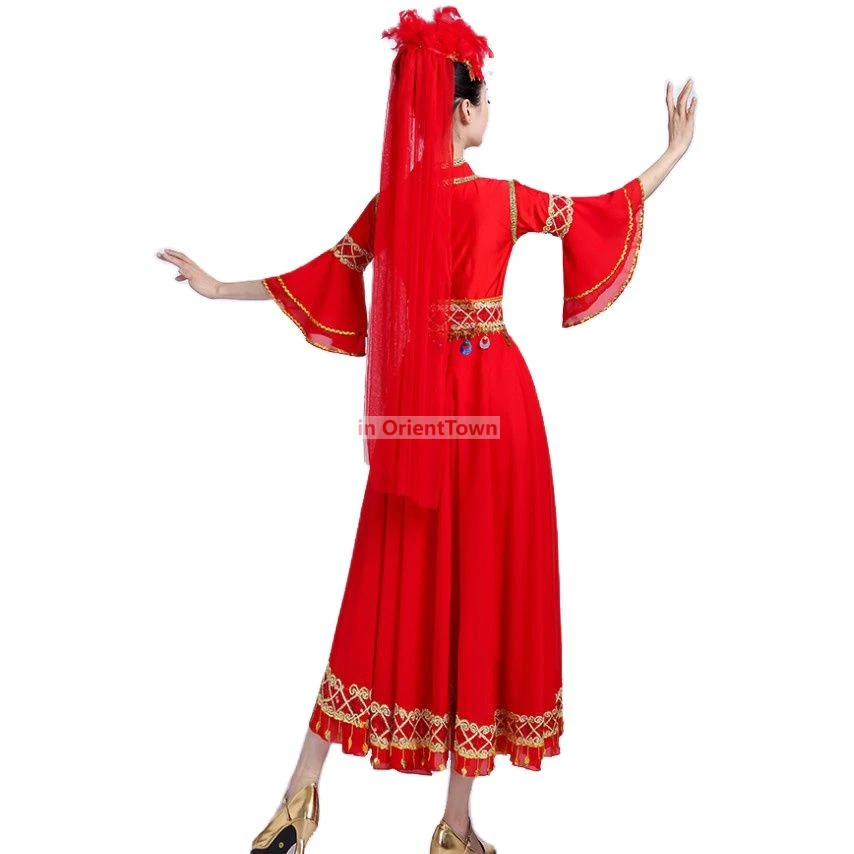 Chiński tancerz ludowy, czerwony strój sceniczny, ubrania do tańca ujgurskiego z Xinjiang, strój etniczny dla dorosłych, spódnica do tańca z efektem wahadła.
