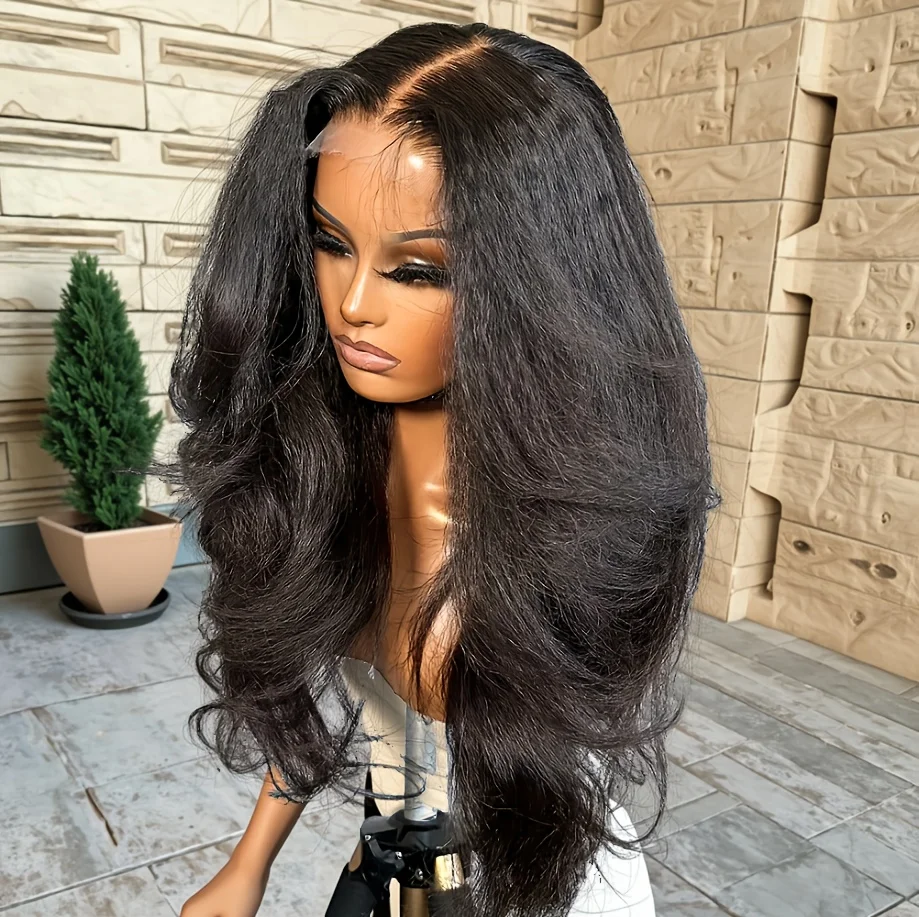 شعر مستعار ناعم ياكي مموج أسود مستقيم 26 بوصة طويل 13 × 4 باروكة أمامية من الدانتيل للنساء 180 كثافة شعر أطفال صناعي بدون صمغ