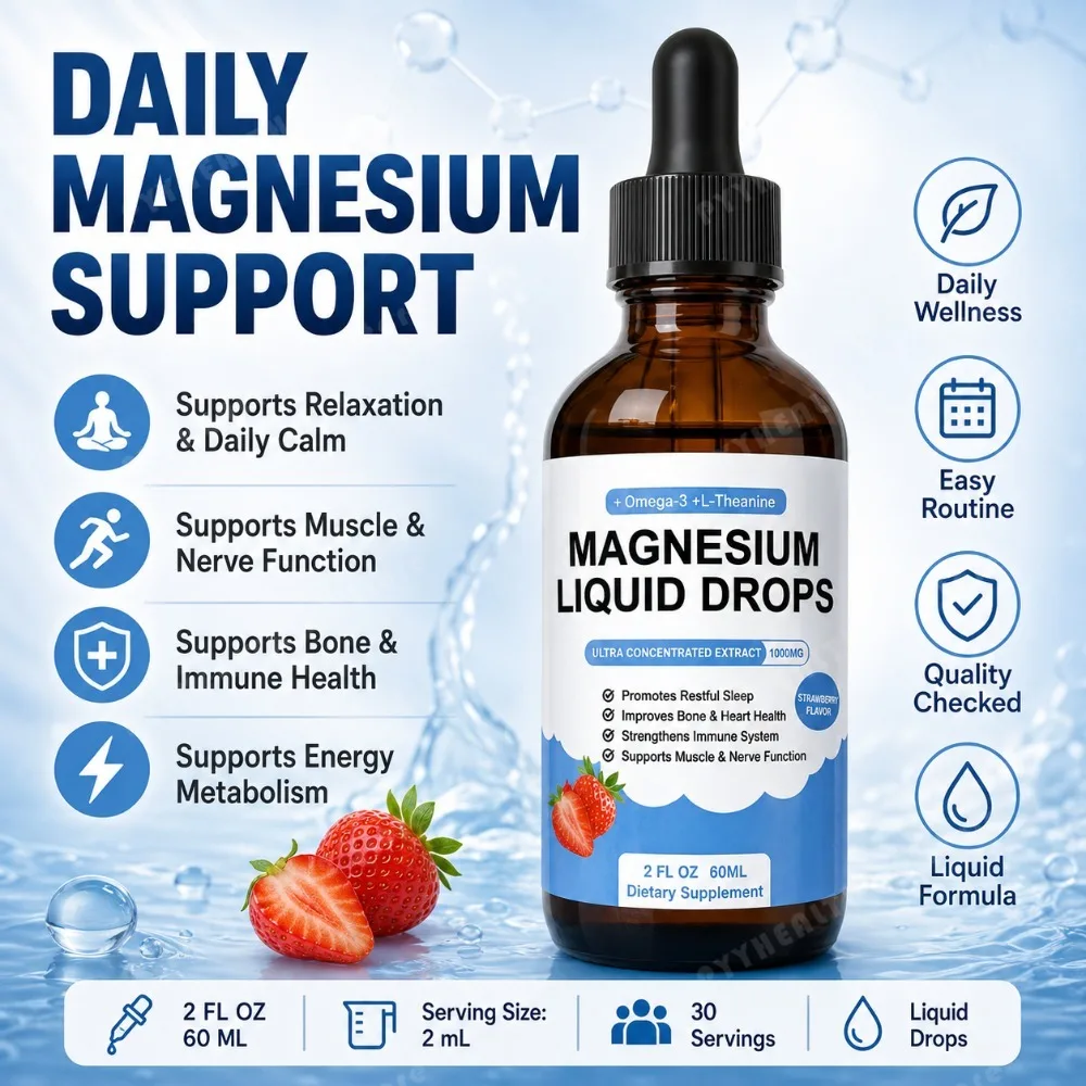 Gotas Líquidas de Magnesio 1000mg con Omega-3, L-Teanina, Vitaminas B6, B12 y D3, 60ml, Suplemento Diario para Músculos, Sueño y Bienestar
