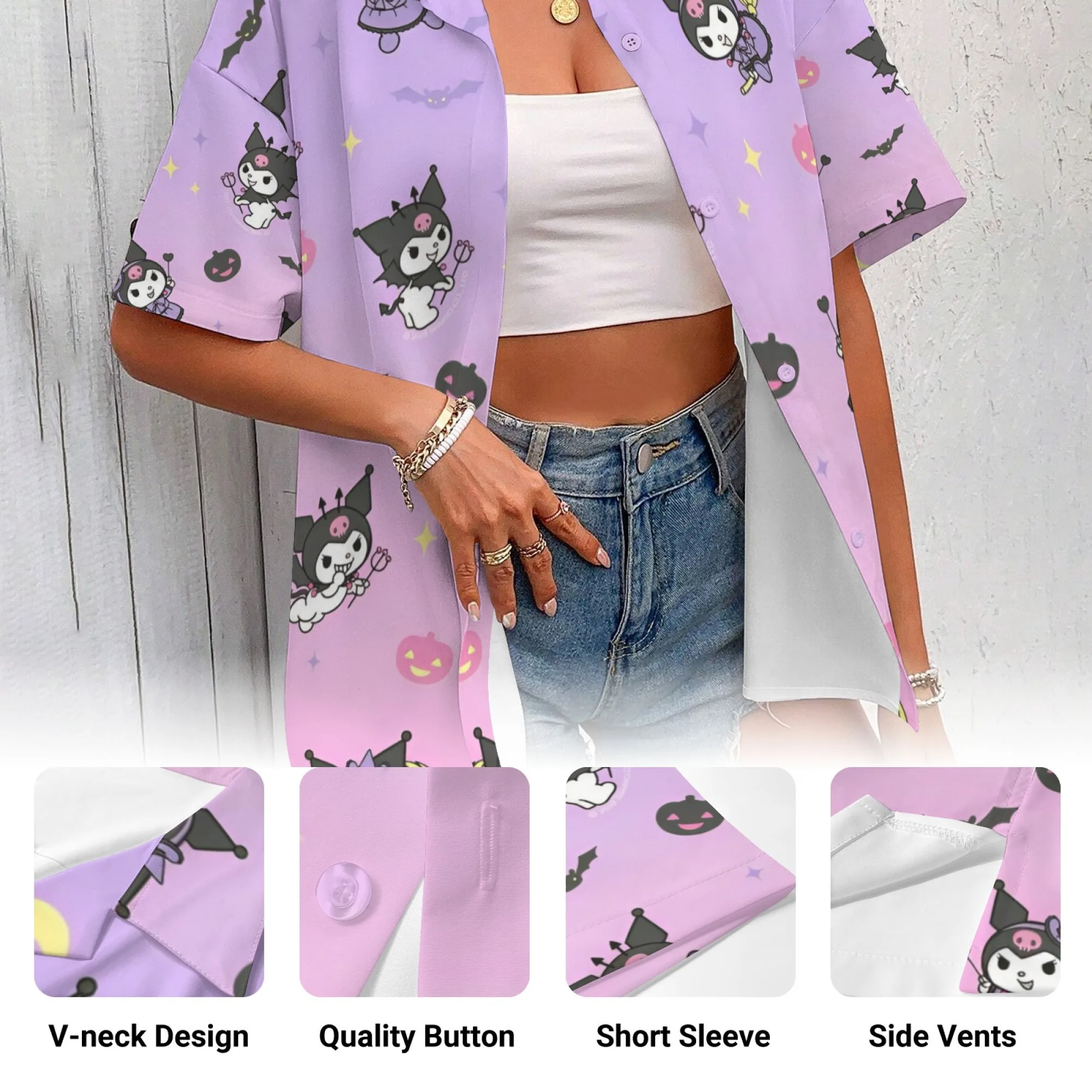 Kemeja Kuromi Huruf Kemeja Kuromi Lengan Panjang Atasan Uniseks Wanita Ulasan Korea Banyak Pakaian Kaus Besar Pakaian Wanita Y2k