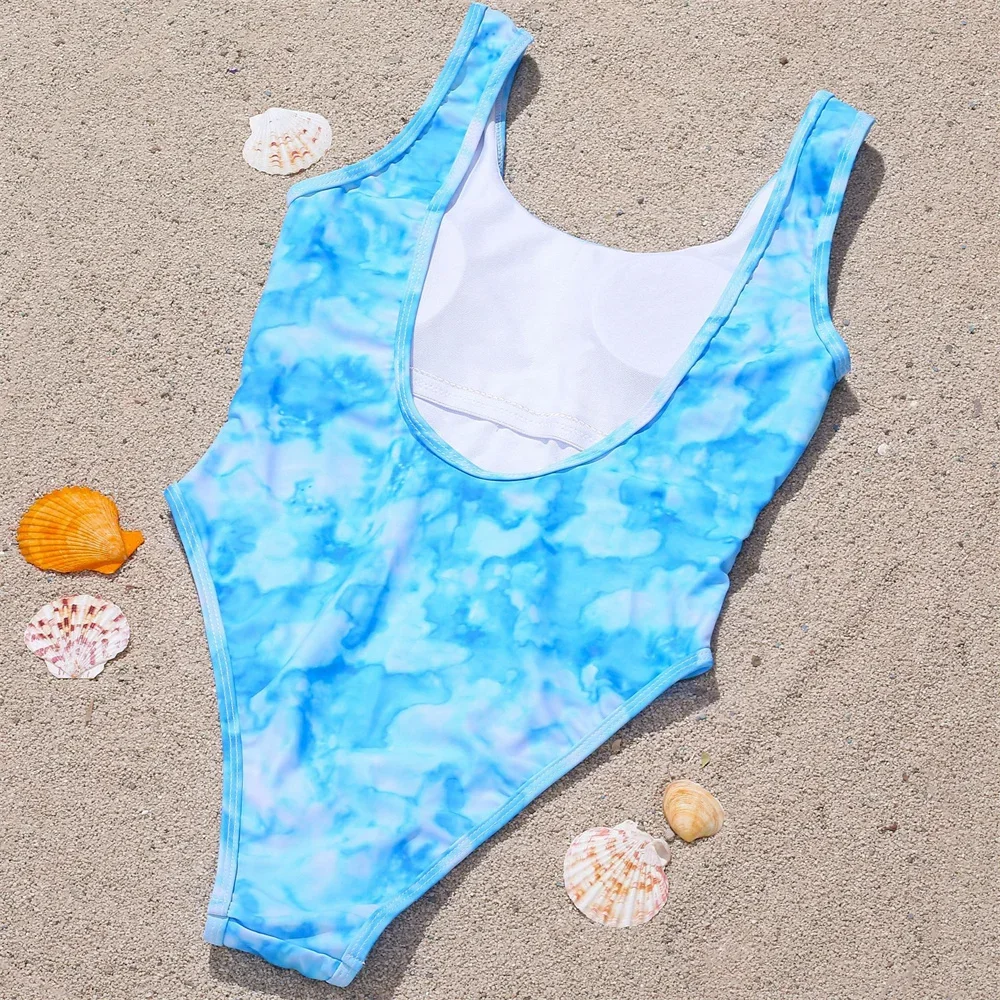 Blue Tie Dye Print Bikini U-neck Push Up Swimsuit Backless Swimwear Trend Women One-Piece Bathing Suit Bikinis Set Beach Outfits